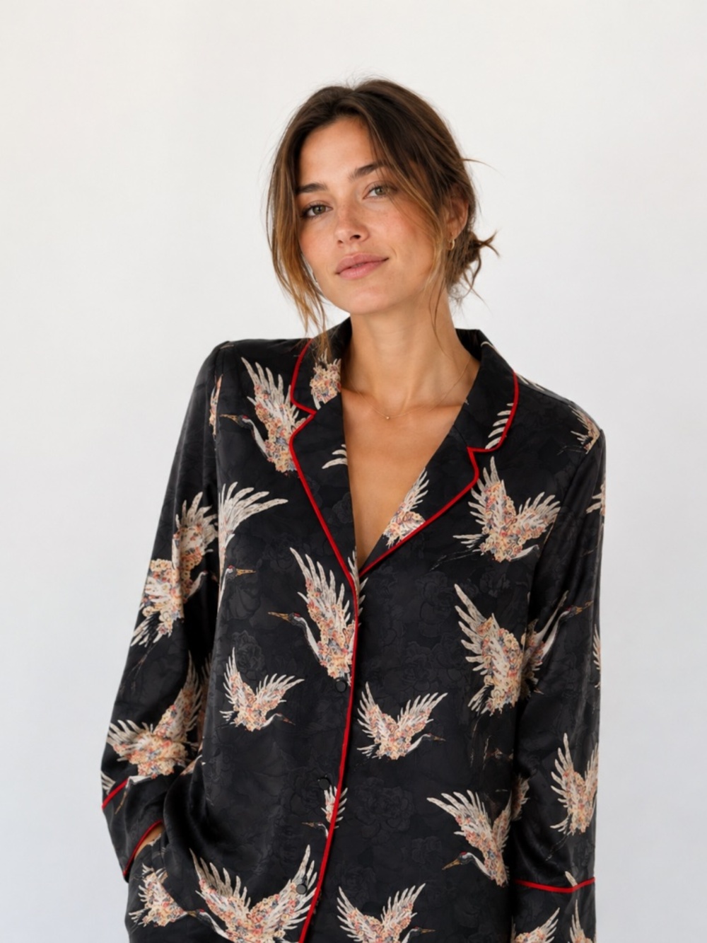 H&M Lounge Pajama Inspired Top - Crane Bird Print - Size 12 - Black White Red